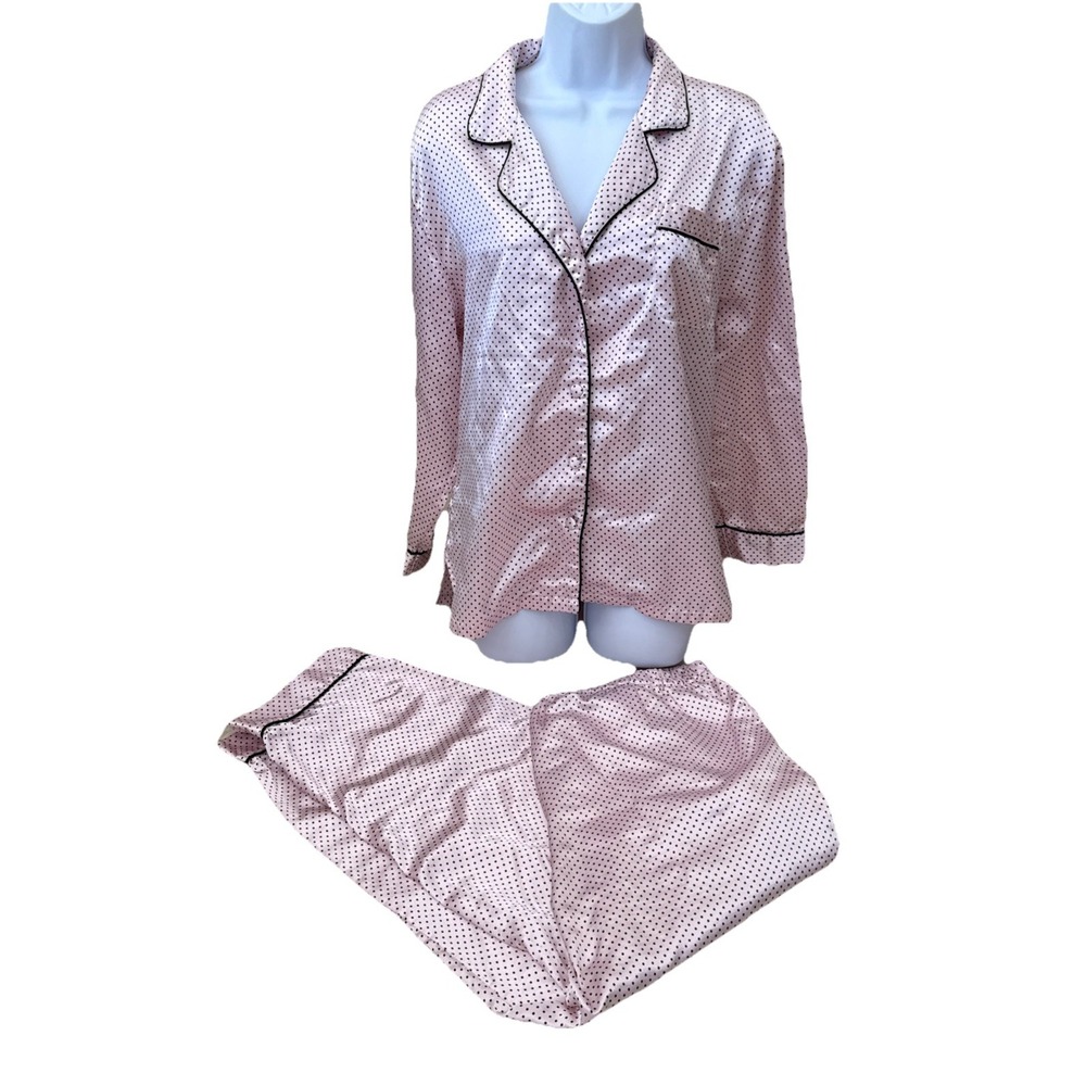Robert‎ Louis Silky Long Sleeve Button Up Pants Pajama Sz L Pink Polka Dot +read